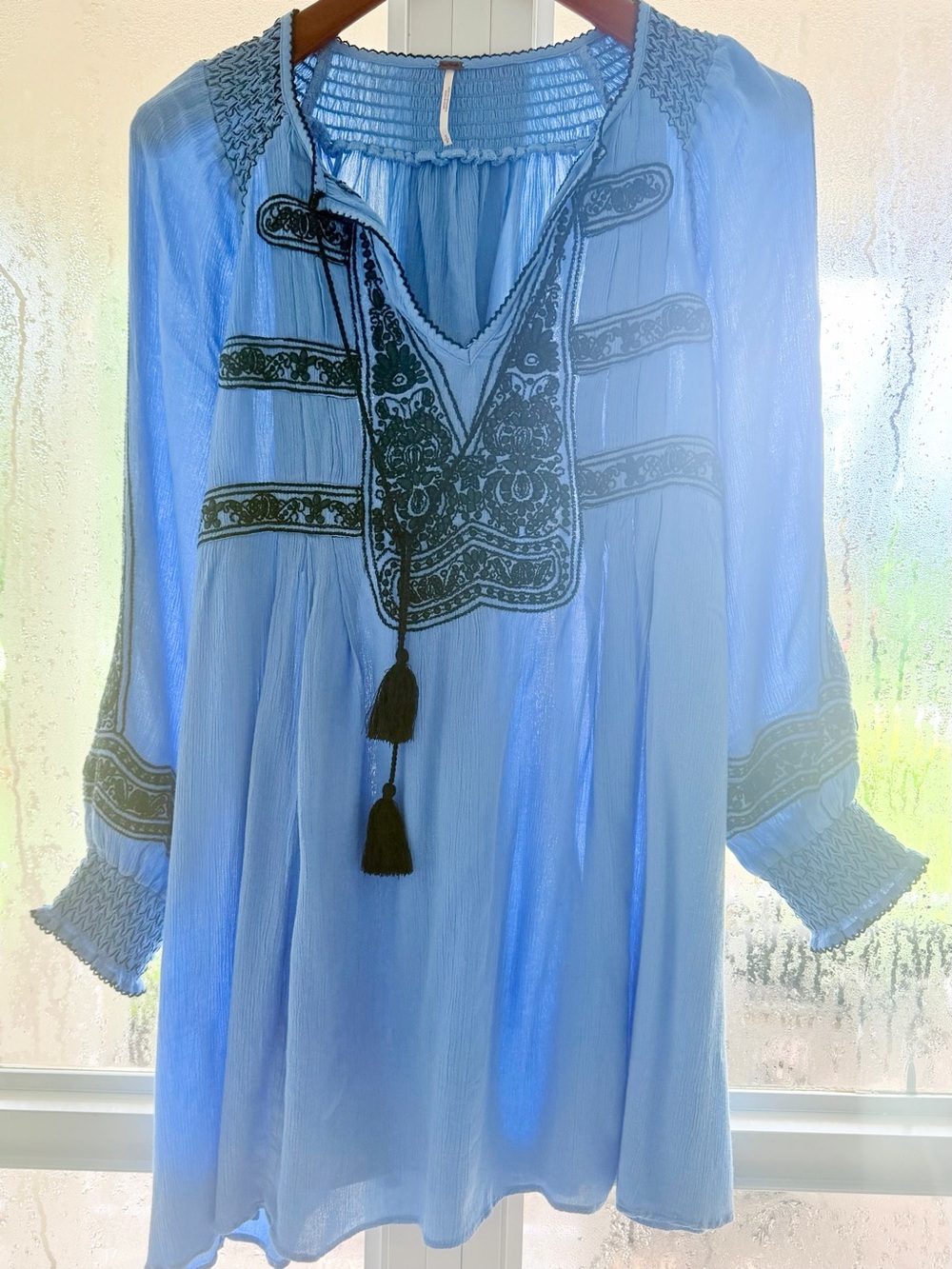 Free People Light Blue Embroidered Tunic with Black Tassels
